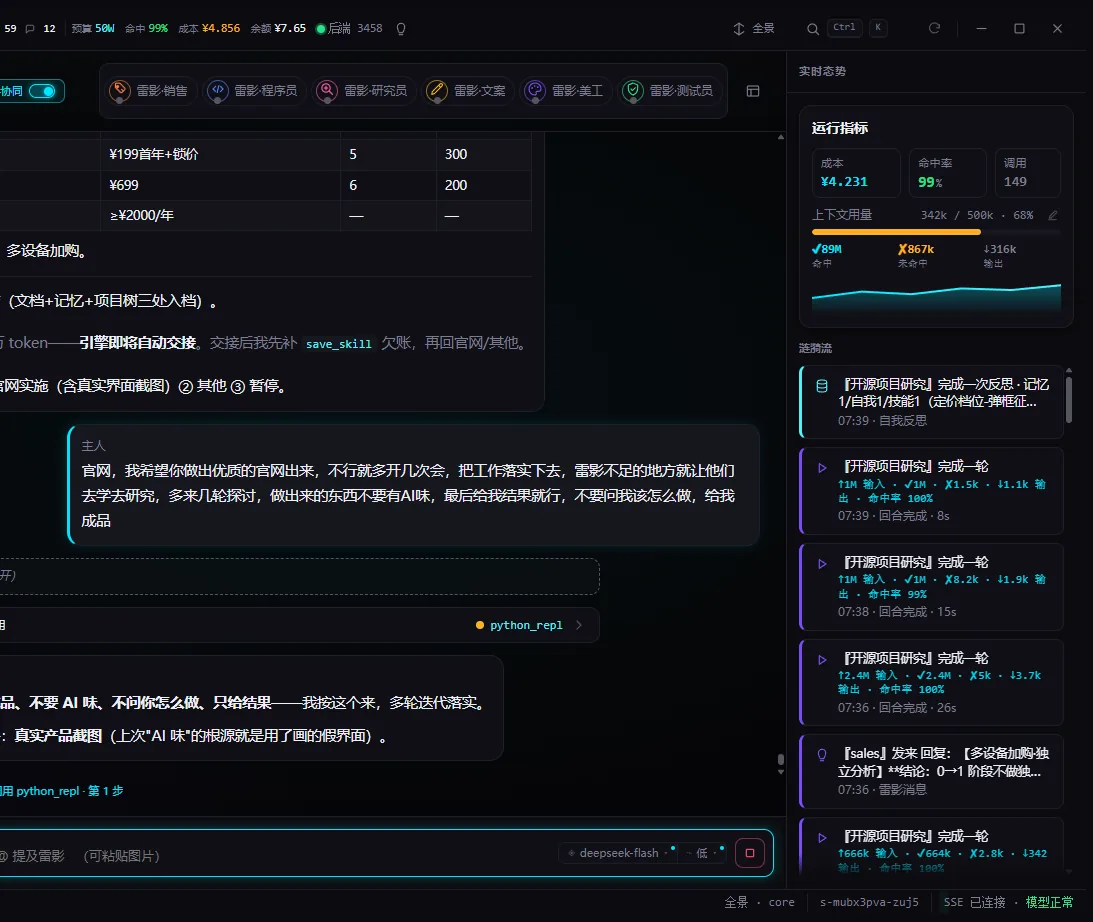 雷仔会话区真实界面：多角色协作与产出留档